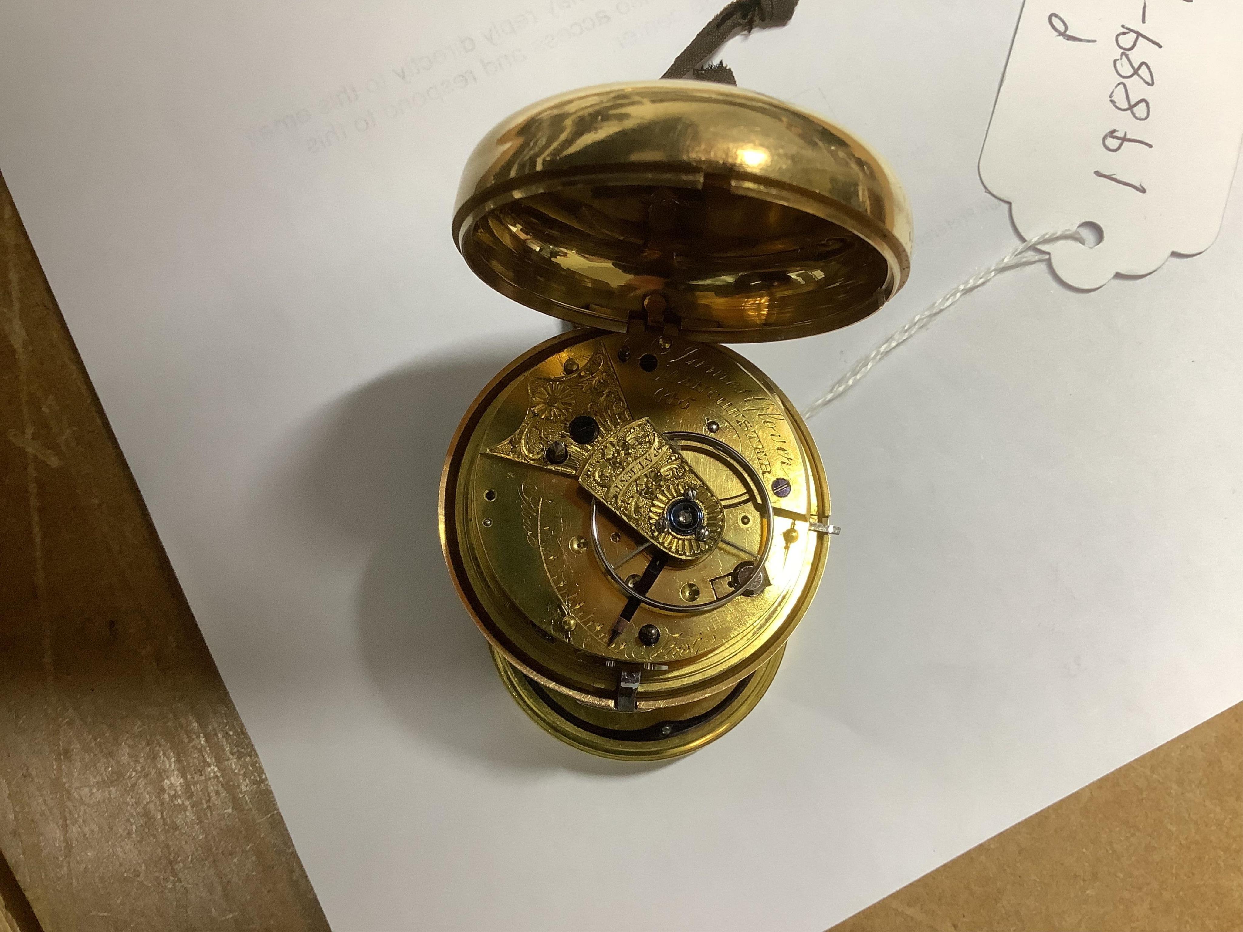 A late George III 18ct gold pair cased open faced keywind single fusee pocket watch by James Glover of Manchester